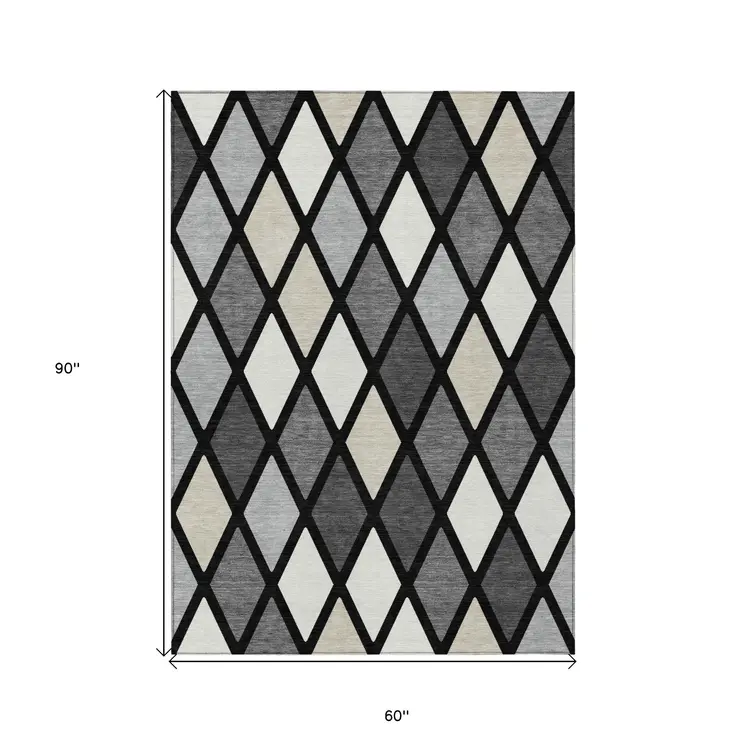 5' X 8' Black Gray And Ivory Geometric Washable Indoor Outdoor Area Rug