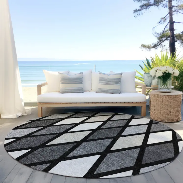 8' Black Gray And Ivory Round Geometric Washable Indoor Outdoor Area Rug