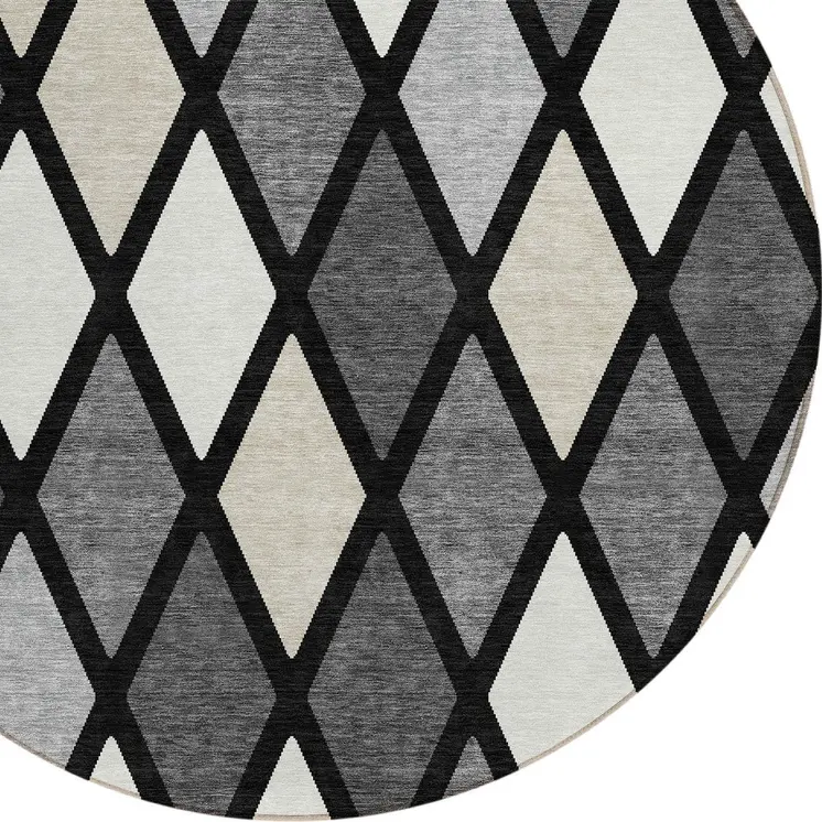 8' Black Gray And Ivory Round Geometric Washable Indoor Outdoor Area Rug
