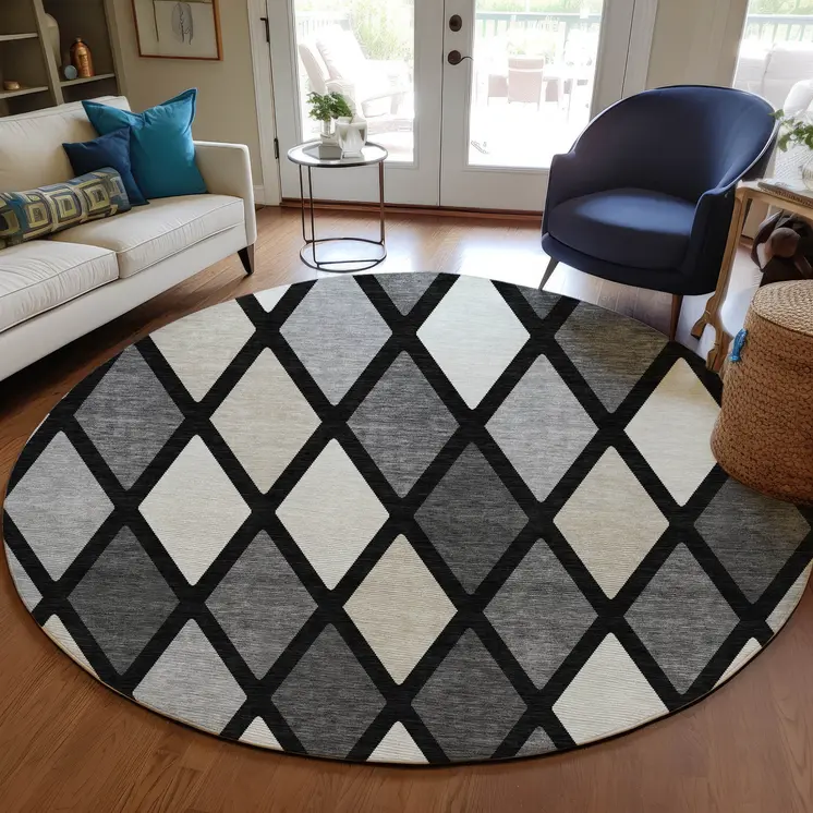 8' Black Gray And Ivory Round Geometric Washable Indoor Outdoor Area Rug