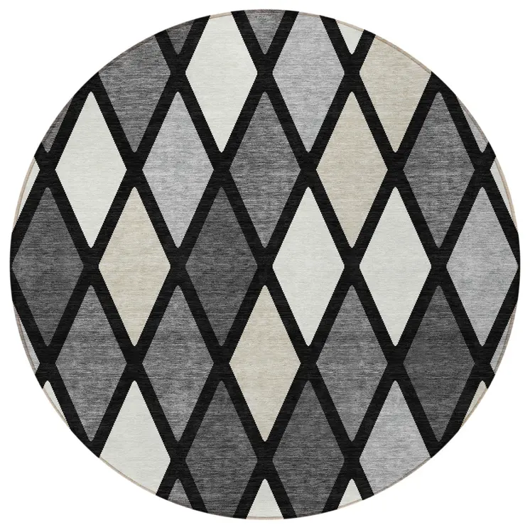 8' Black Gray And Ivory Round Geometric Washable Indoor Outdoor Area Rug