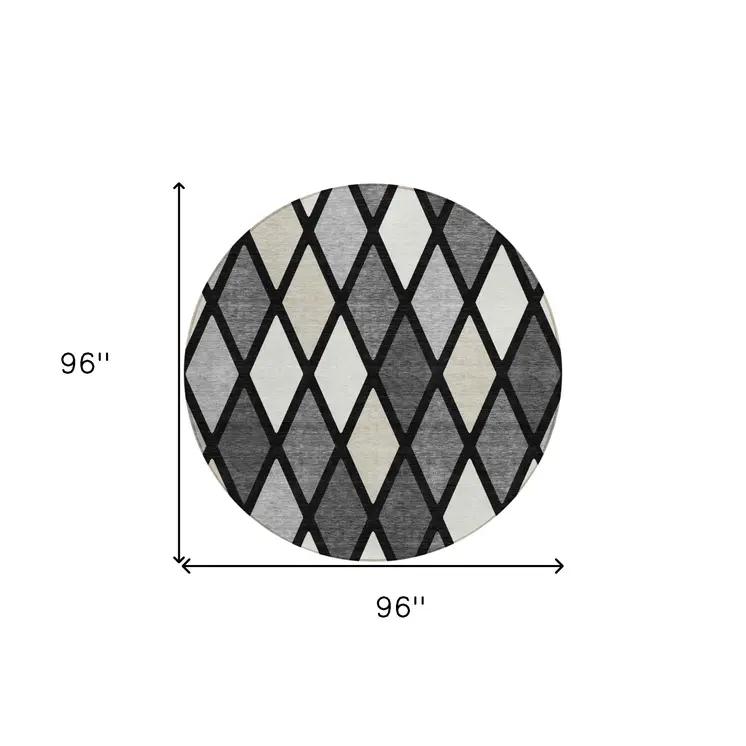 8' Black Gray And Ivory Round Geometric Washable Indoor Outdoor Area Rug