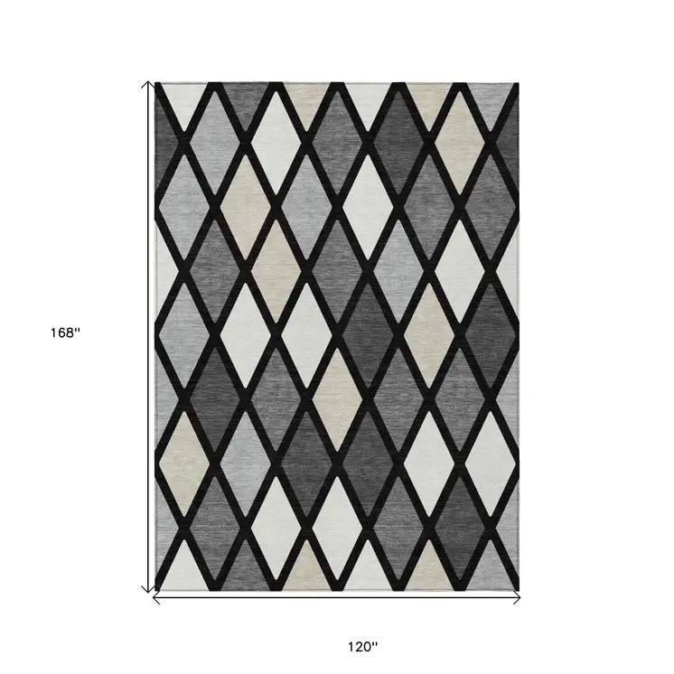 10' X 14' Black Gray And Ivory Geometric Washable Indoor Outdoor Area Rug