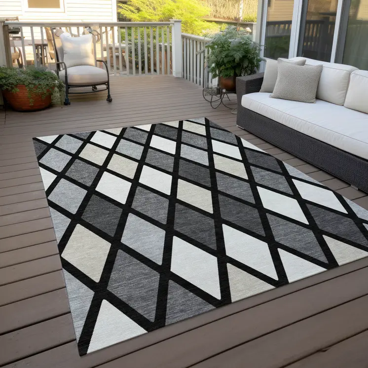 10' X 14' Black Gray And Ivory Geometric Washable Indoor Outdoor Area Rug
