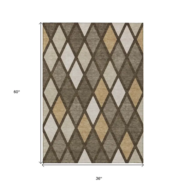 3' X 5' Brown Beige And Ivory Geometric Washable Indoor Outdoor Area Rug