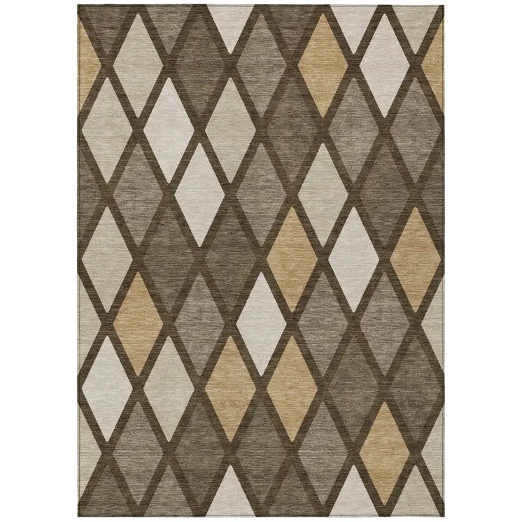 5' X 8' Brown Beige And Ivory Geometric Washable Indoor Outdoor Area Rug
