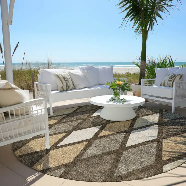 8' Brown Beige And Ivory Round Geometric Washable Indoor Outdoor Area Rug