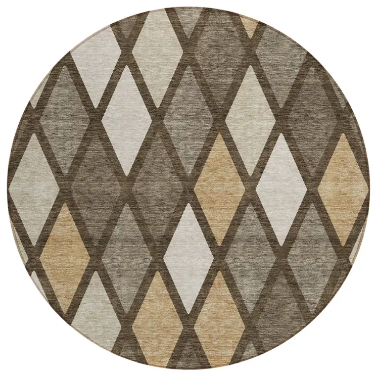8' Brown Beige And Ivory Round Geometric Washable Indoor Outdoor Area Rug