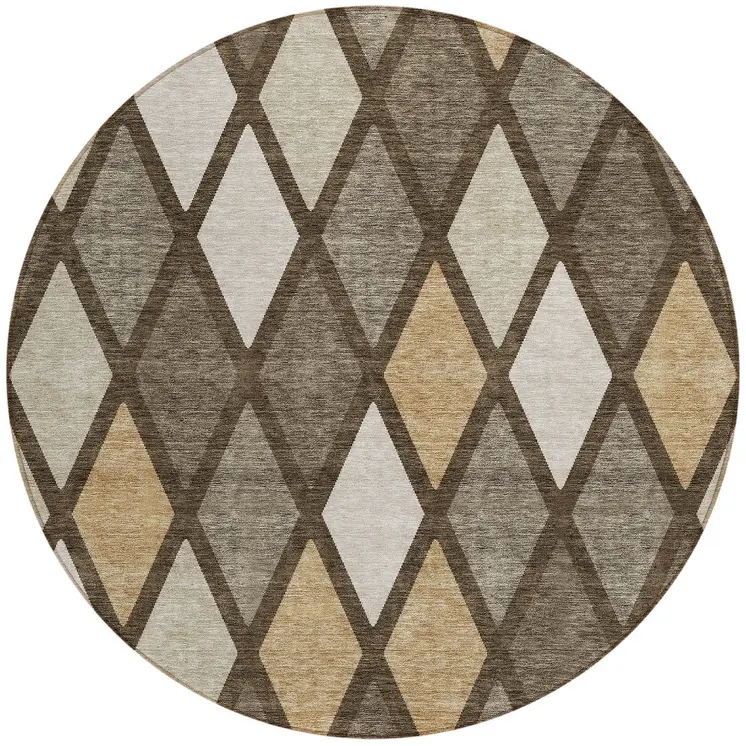 8' Brown Beige And Ivory Round Geometric Washable Indoor Outdoor Area Rug