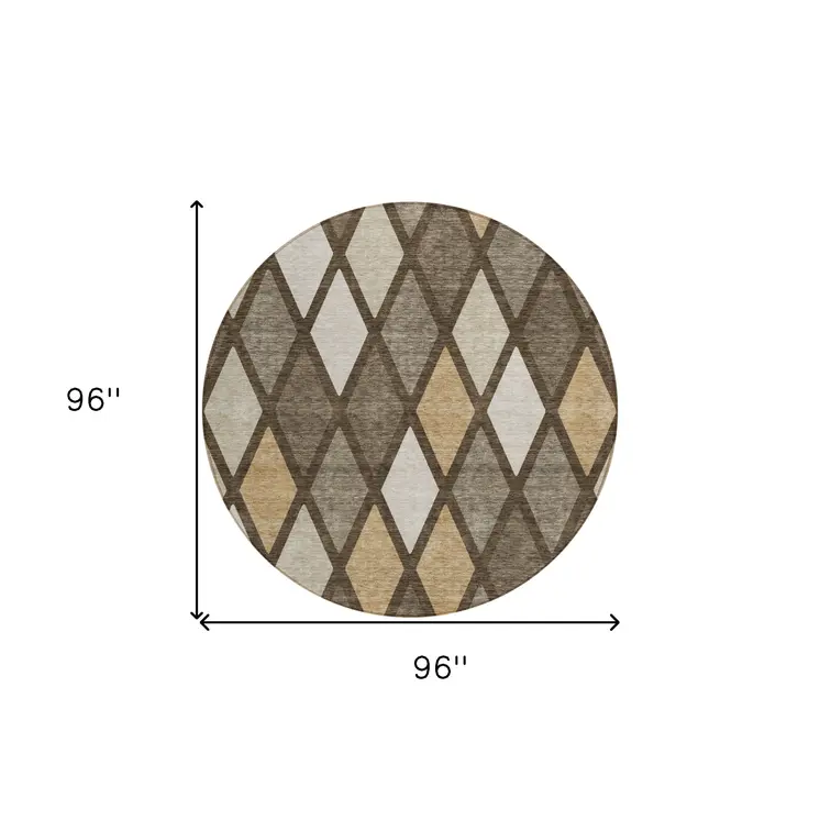8' Brown Beige And Ivory Round Geometric Washable Indoor Outdoor Area Rug
