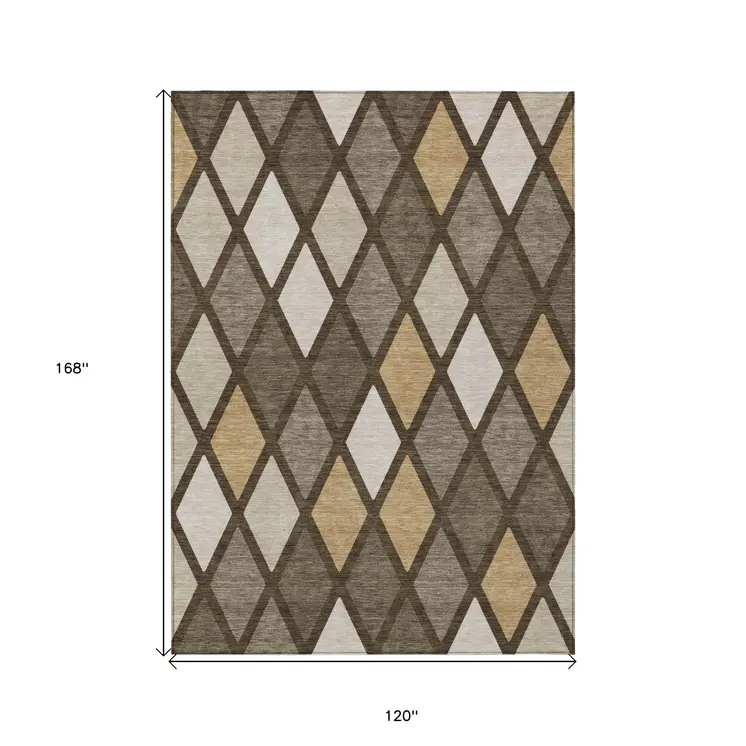 10' X 14' Brown Beige And Ivory Geometric Washable Indoor Outdoor Area Rug