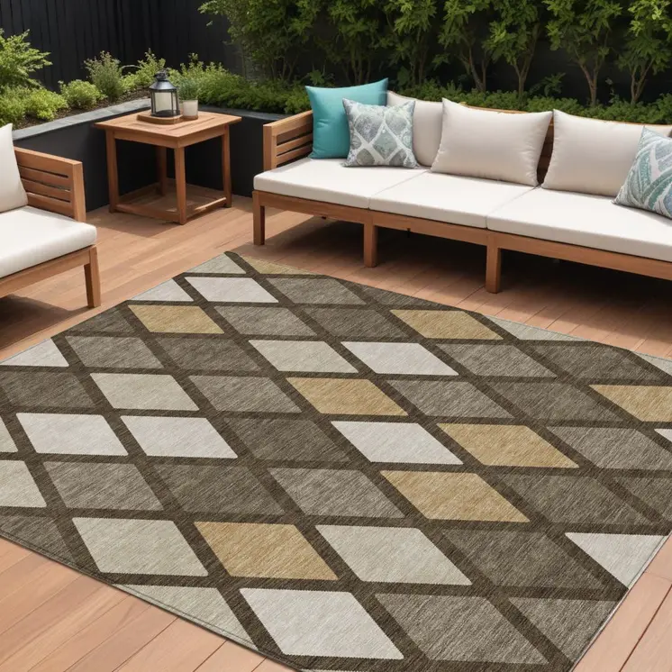 10' X 14' Brown Beige And Ivory Geometric Washable Indoor Outdoor Area Rug