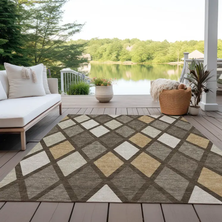 10' X 14' Brown Beige And Ivory Geometric Washable Indoor Outdoor Area Rug
