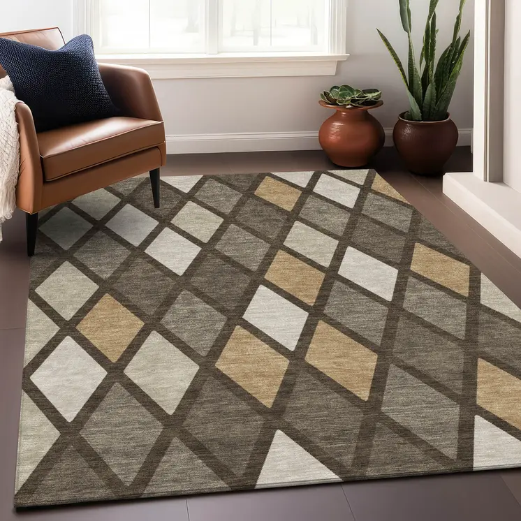 10' X 14' Brown Beige And Ivory Geometric Washable Indoor Outdoor Area Rug