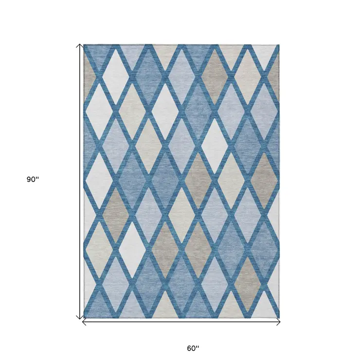 5' X 8' Denim Blue Beige And Ivory Geometric Washable Indoor Outdoor Area Rug