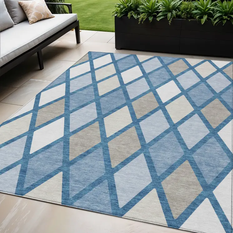 5' X 8' Denim Blue Beige And Ivory Geometric Washable Indoor Outdoor Area Rug