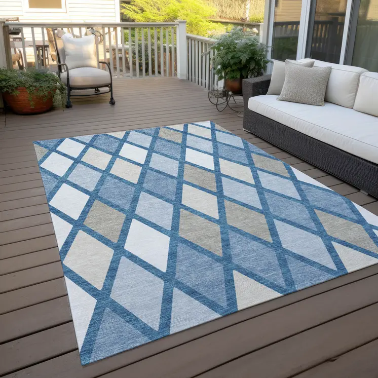 5' X 8' Denim Blue Beige And Ivory Geometric Washable Indoor Outdoor Area Rug