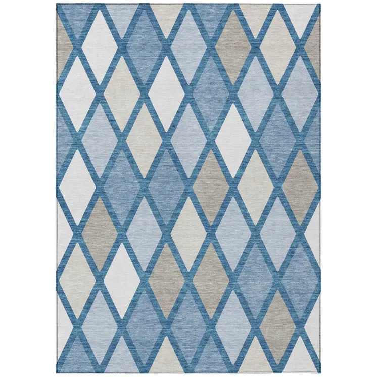 5' X 8' Denim Blue Beige And Ivory Geometric Washable Indoor Outdoor Area Rug