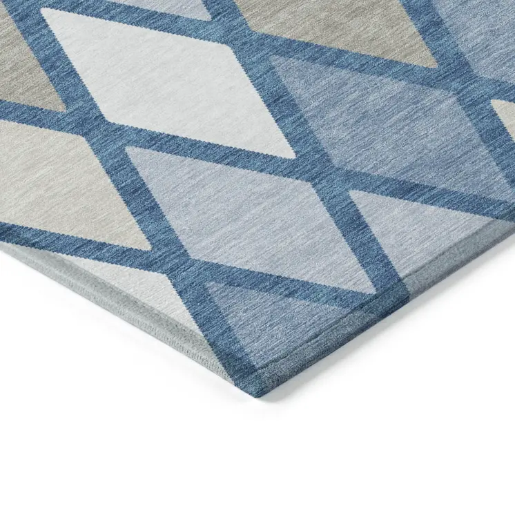 5' X 8' Denim Blue Beige And Ivory Geometric Washable Indoor Outdoor Area Rug
