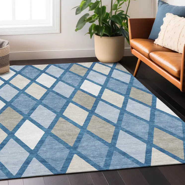 5' X 8' Denim Blue Beige And Ivory Geometric Washable Indoor Outdoor Area Rug