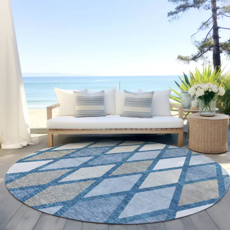 8' Denim Blue Beige And Ivory Round Geometric Washable Indoor Outdoor Area Rug