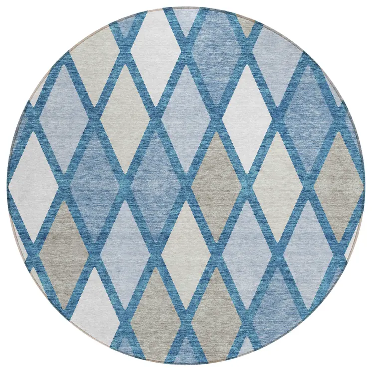 8' Denim Blue Beige And Ivory Round Geometric Washable Indoor Outdoor Area Rug