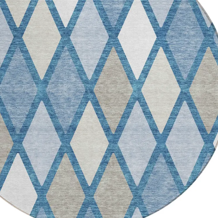 8' Denim Blue Beige And Ivory Round Geometric Washable Indoor Outdoor Area Rug