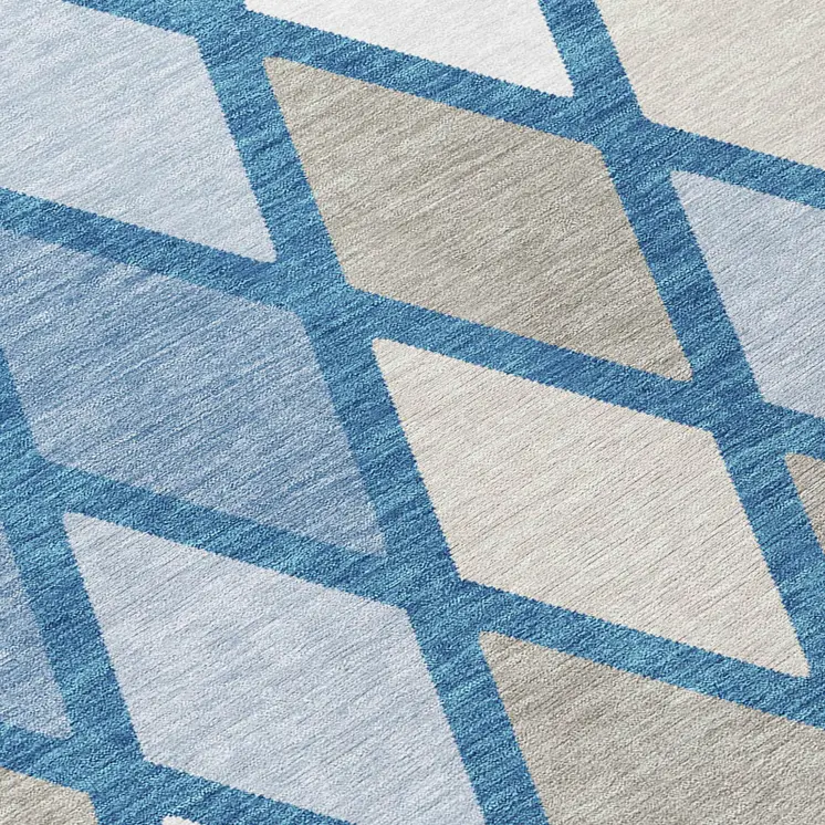 8' Denim Blue Beige And Ivory Round Geometric Washable Indoor Outdoor Area Rug