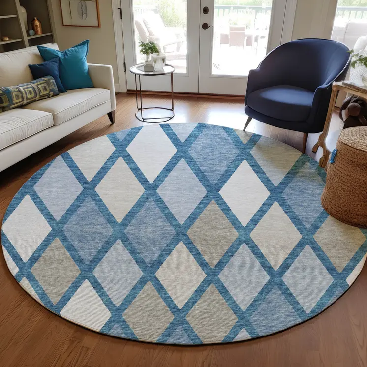 8' Denim Blue Beige And Ivory Round Geometric Washable Indoor Outdoor Area Rug