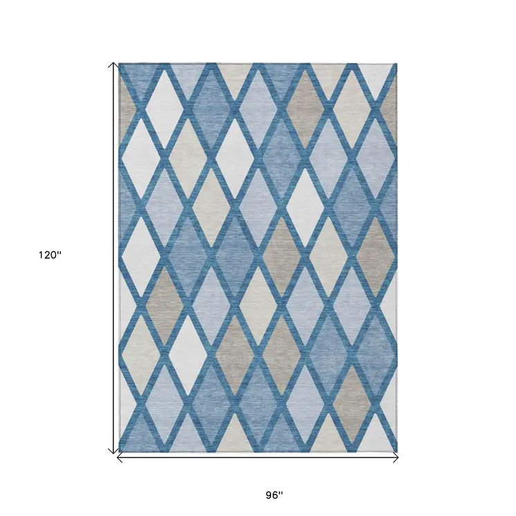 8' X 10' Denim Blue Beige And Ivory Geometric Washable Indoor Outdoor Area Rug
