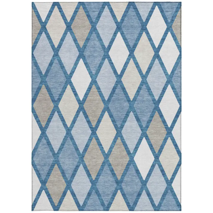 9' X 12' Denim Blue Beige And Ivory Geometric Washable Indoor Outdoor Area Rug