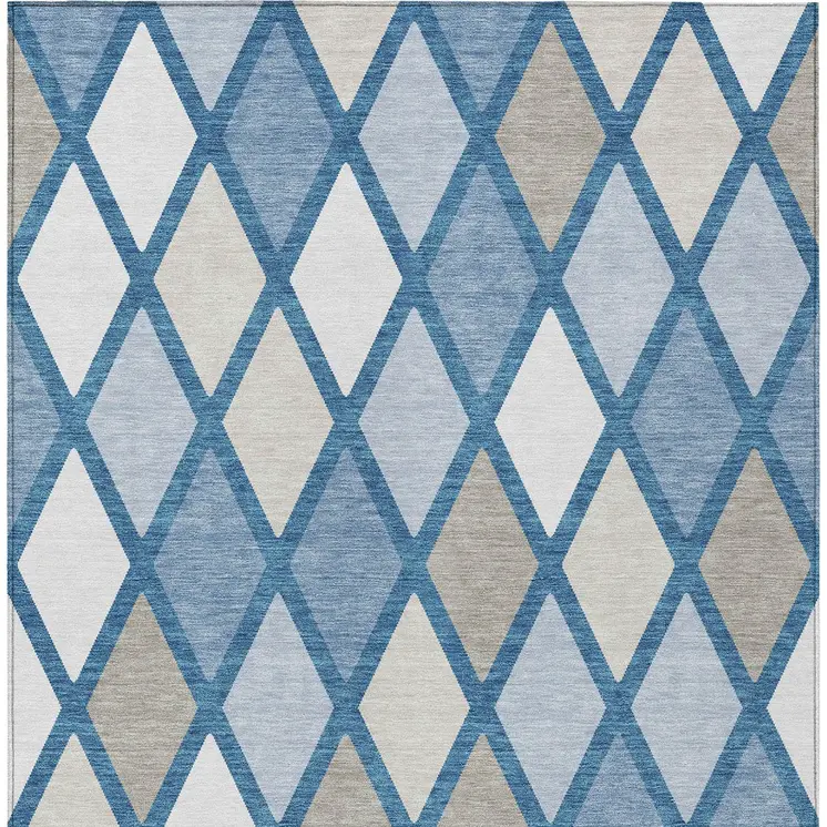 9' X 12' Denim Blue Beige And Ivory Geometric Washable Indoor Outdoor Area Rug