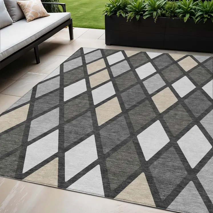 5' X 8' Gray Beige And Ivory Geometric Washable Indoor Outdoor Area Rug