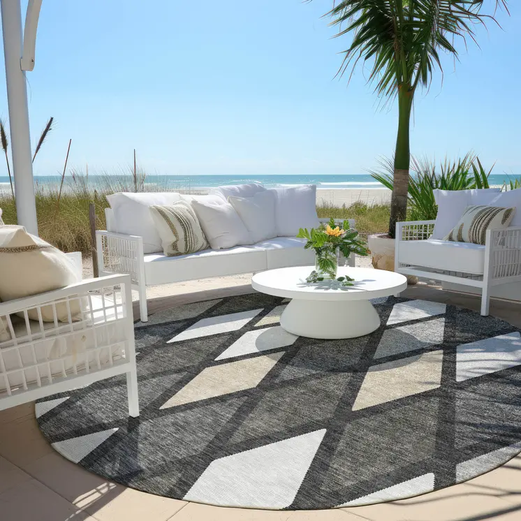 8' Gray Beige And Ivory Round Geometric Washable Indoor Outdoor Area Rug