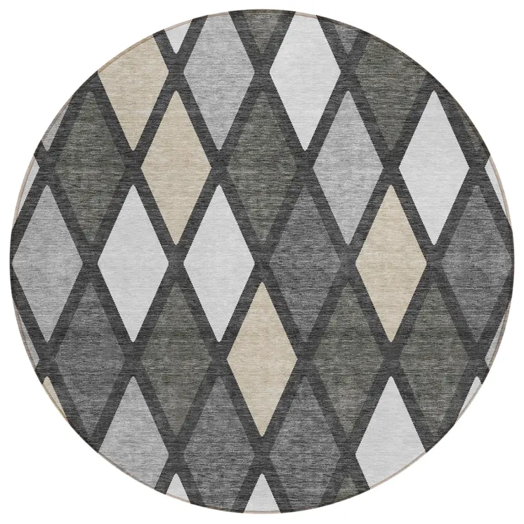 8' Gray Beige And Ivory Round Geometric Washable Indoor Outdoor Area Rug