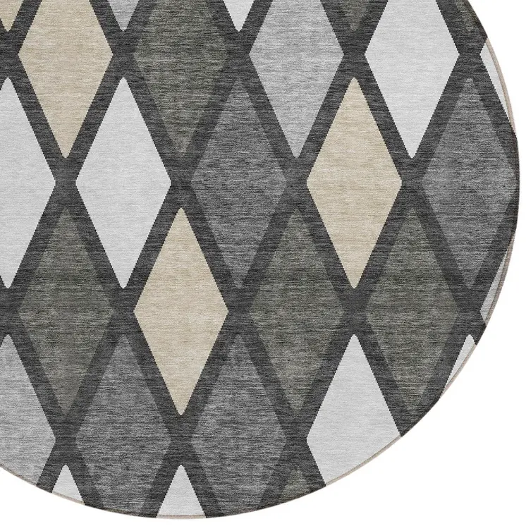 8' Gray Beige And Ivory Round Geometric Washable Indoor Outdoor Area Rug