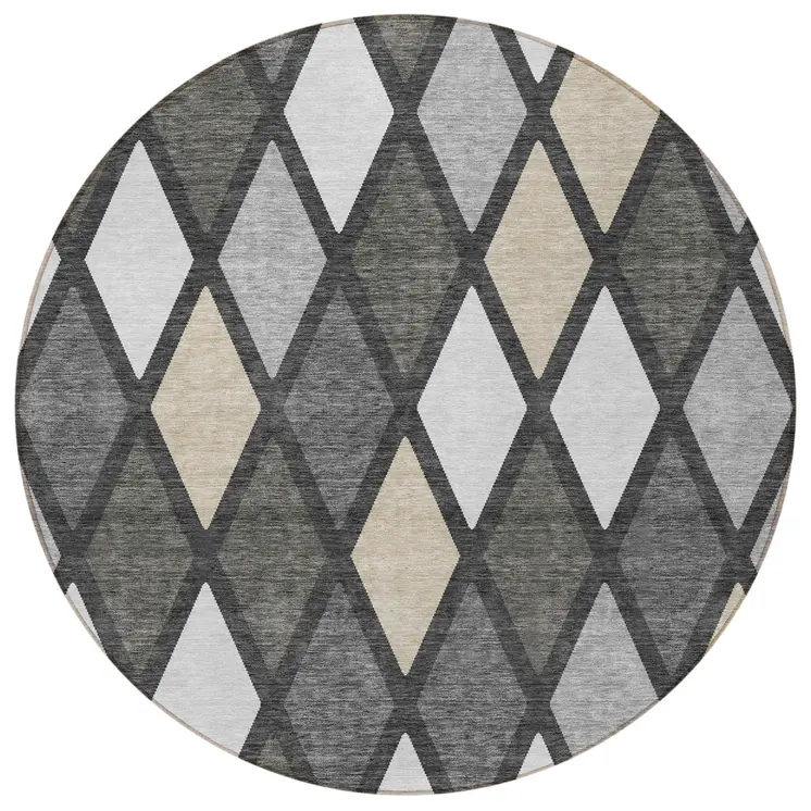8' Gray Beige And Ivory Round Geometric Washable Indoor Outdoor Area Rug