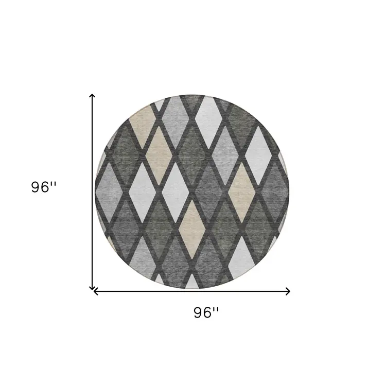 8' Gray Beige And Ivory Round Geometric Washable Indoor Outdoor Area Rug