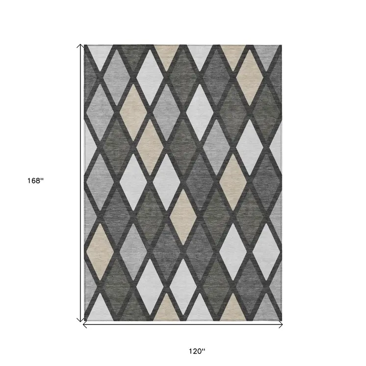 10' X 14' Gray Beige And Ivory Geometric Washable Indoor Outdoor Area Rug