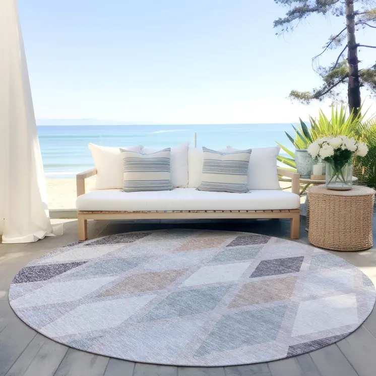 8' Lavender Brown And Ivory Round Geometric Washable Indoor Outdoor Area Rug