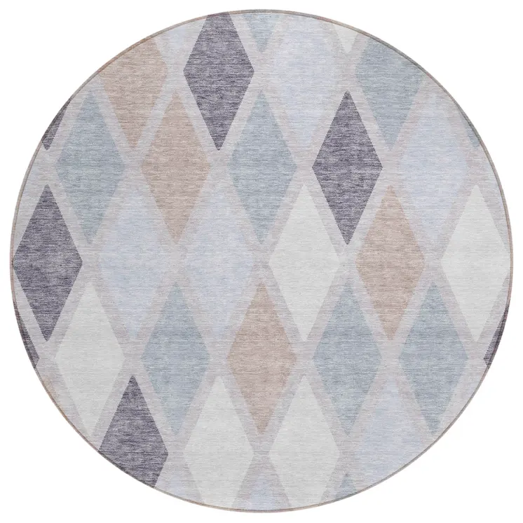 8' Lavender Brown And Ivory Round Geometric Washable Indoor Outdoor Area Rug