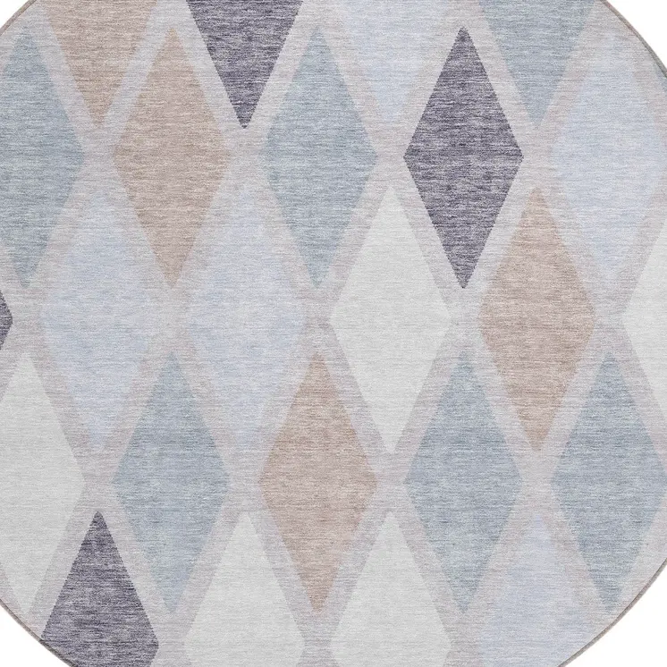 8' Lavender Brown And Ivory Round Geometric Washable Indoor Outdoor Area Rug