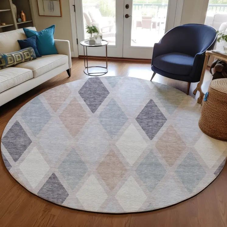 8' Lavender Brown And Ivory Round Geometric Washable Indoor Outdoor Area Rug