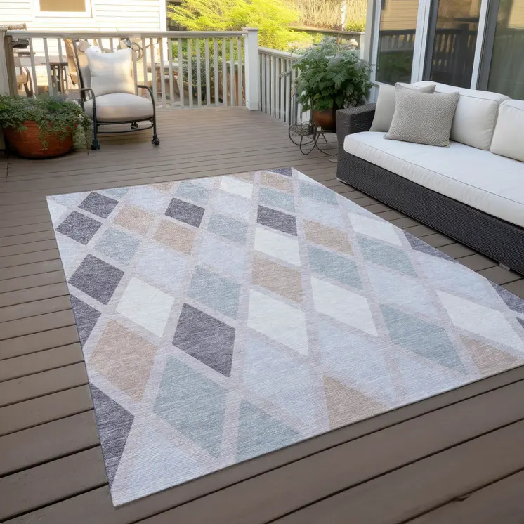 10' X 14' Lavender Brown And Ivory Geometric Washable Indoor Outdoor Area Rug