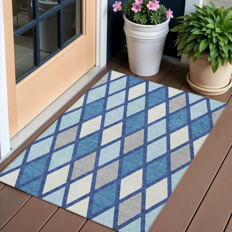 3' X 5' Navy Blue Sky Blue And Ivory Geometric Washable Indoor Outdoor Area Rug