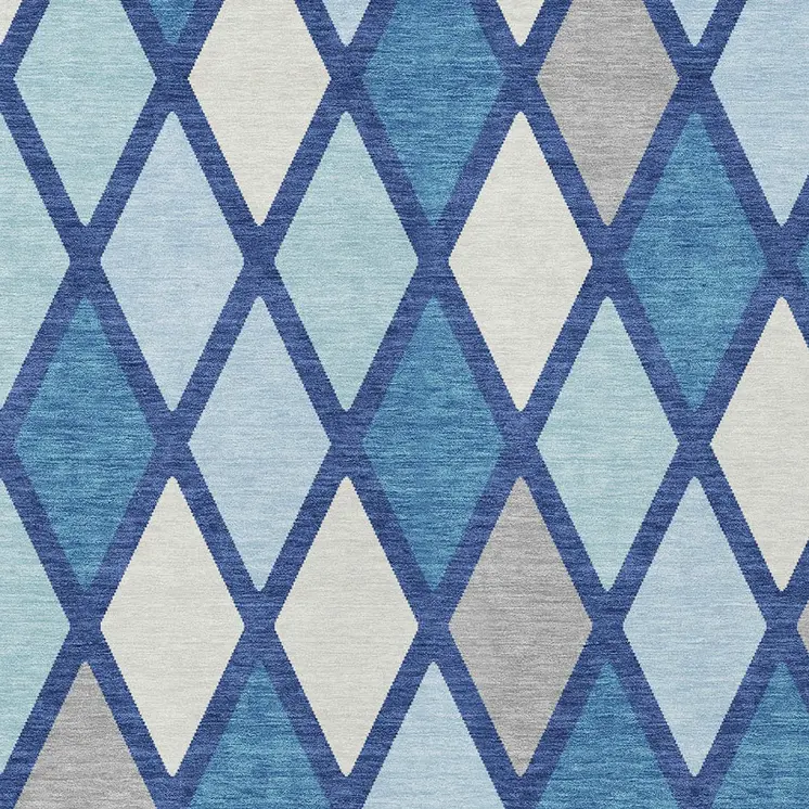 3' X 5' Navy Blue Sky Blue And Ivory Geometric Washable Indoor Outdoor Area Rug