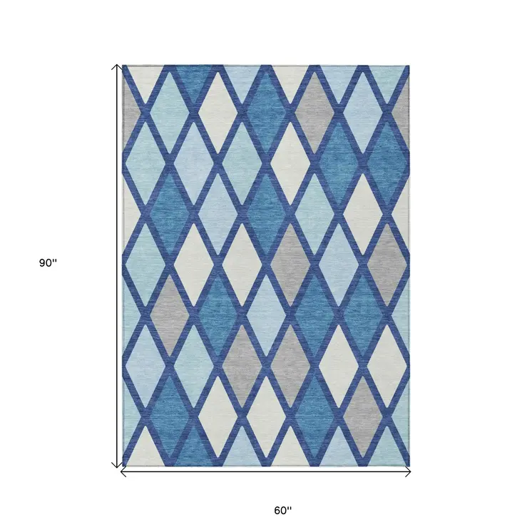 5' X 8' Navy Blue Sky Blue And Ivory Geometric Washable Indoor Outdoor Area Rug