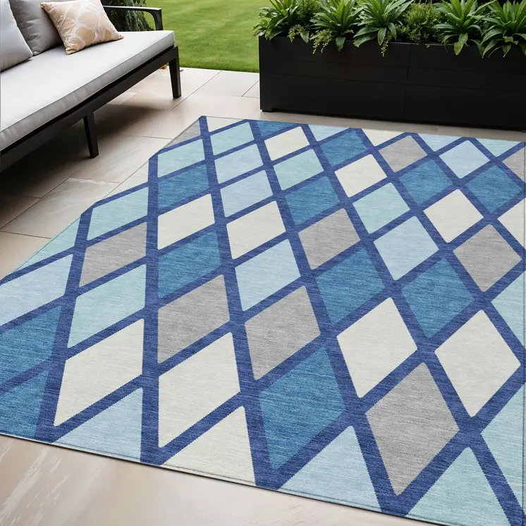5' X 8' Navy Blue Sky Blue And Ivory Geometric Washable Indoor Outdoor Area Rug