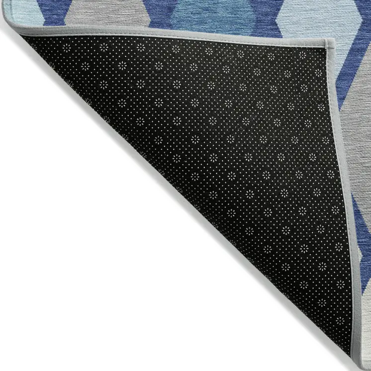 5' X 8' Navy Blue Sky Blue And Ivory Geometric Washable Indoor Outdoor Area Rug
