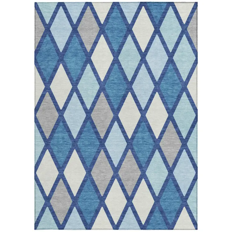 8' X 10' Navy Blue Sky Blue And Ivory Geometric Washable Indoor Outdoor Area Rug